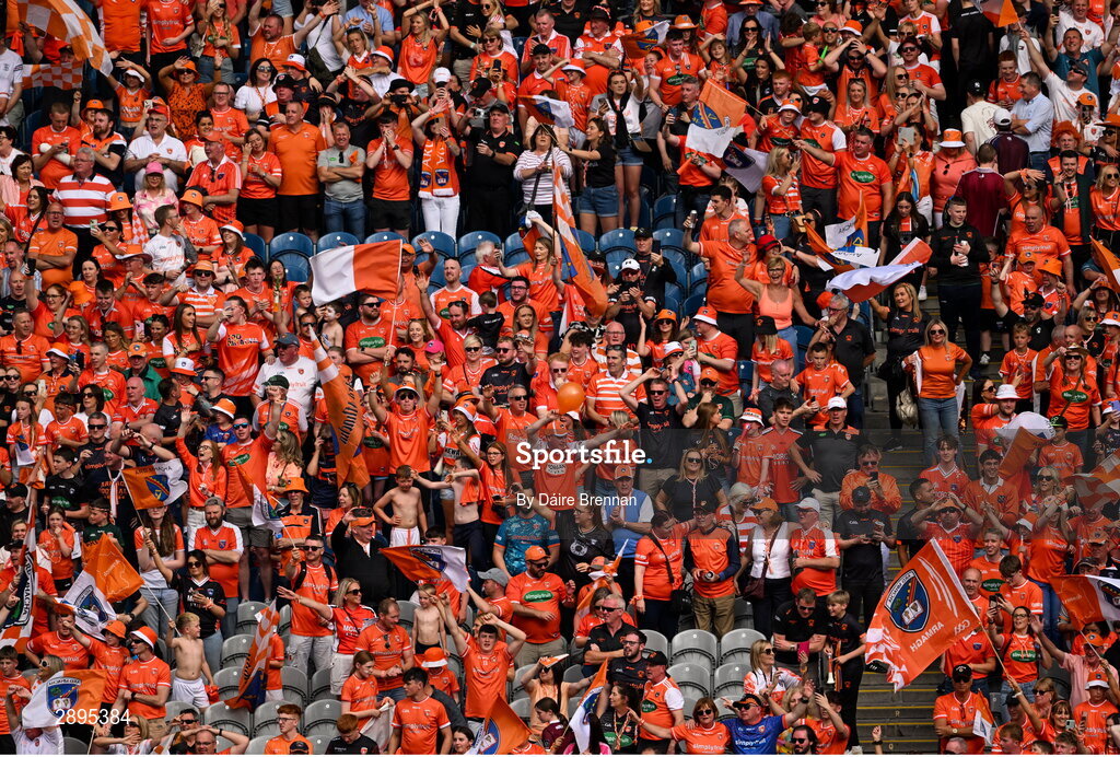 28 July 2024; Armagh supporters in the Cusack Stand celebrate after the GAA Football All-Ireland Senior Championship Final match between Armagh and Galway at Croke Park in Dublin. Photo by Daire Brennan/Sportsfile