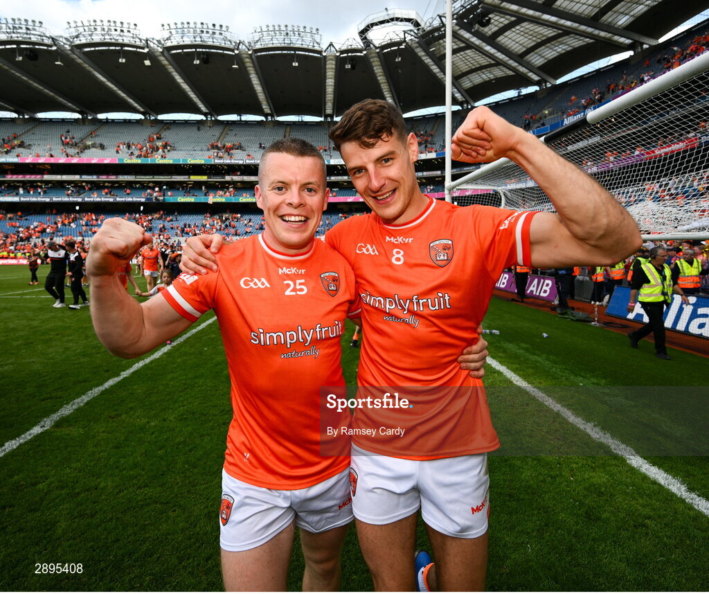 28 July 2024; Aidan Nugent, left, and Niall Grimley of Armagh after the GAA Football All-Ireland Senior Championship Final match between Armagh and Galway at Croke Park in Dublin. Photo by Ramsey Cardy/Sportsfile