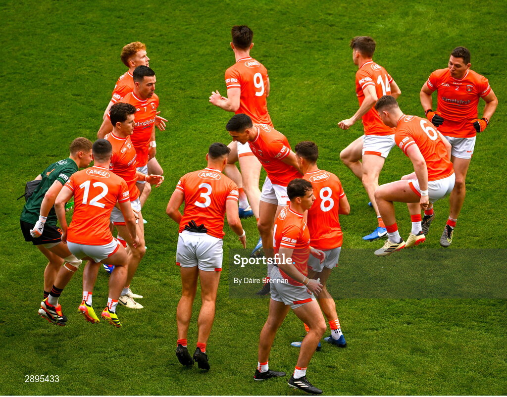 28 July 2024; Armagh players go through their final warm-up ahead of the GAA Football All-Ireland Senior Championship Final match between Armagh and Galway at Croke Park in Dublin. Photo by Daire Brennan/Sportsfile