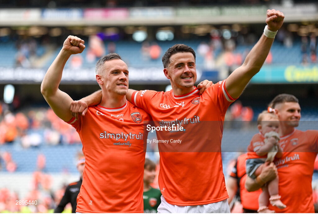 28 July 2024; Mark Shields, left, and Stefan Campbell of Armagh after the GAA Football All-Ireland Senior Championship Final match between Armagh and Galway at Croke Park in Dublin. Photo by Ramsey Cardy/Sportsfile