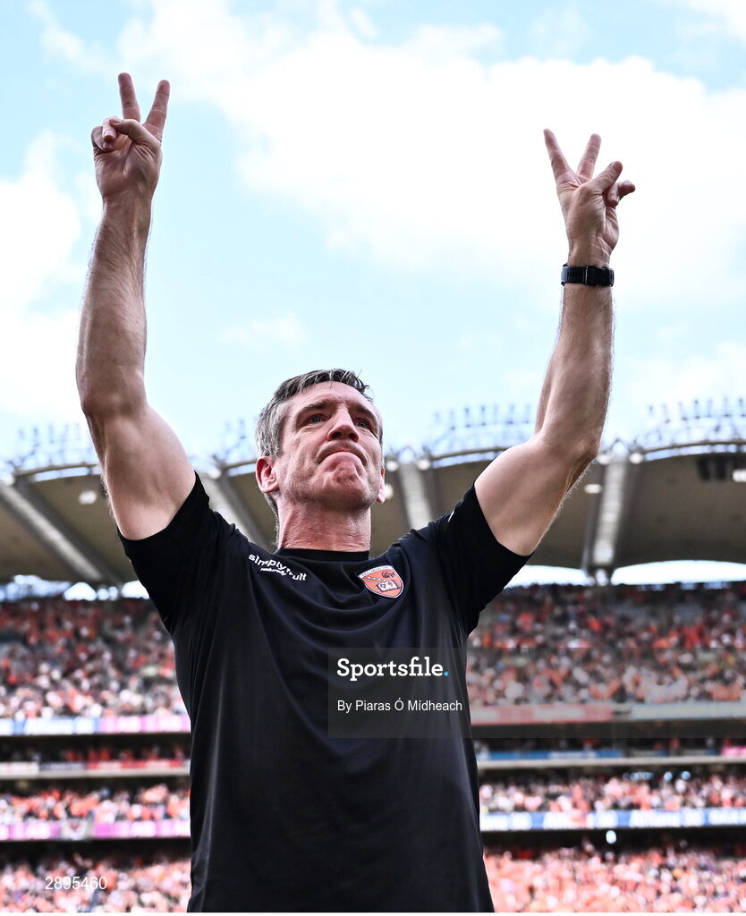 28 July 2024; Armagh manager Kieran McGeeney celebrates after his side's victory in the GAA Football All-Ireland Senior Championship Final match between Armagh and Galway at Croke Park in Dublin. Photo by Piaras Ó Mídheach/Sportsfile
