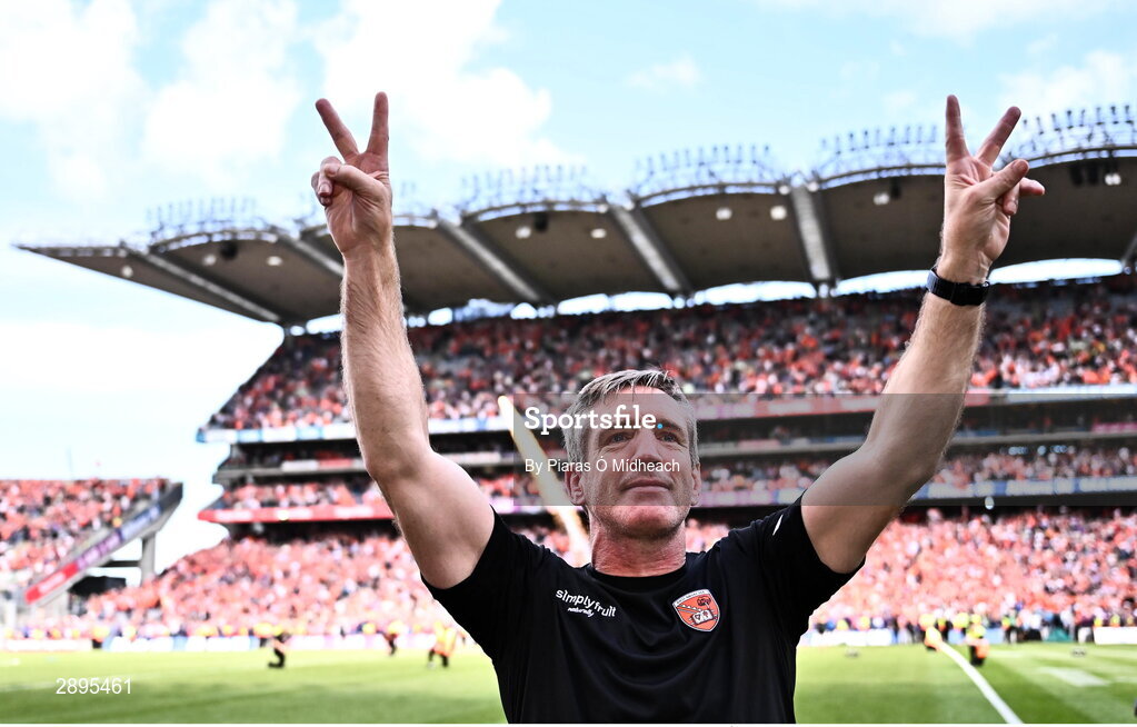 28 July 2024; Armagh manager Kieran McGeeney celebrates after his side's victory in the GAA Football All-Ireland Senior Championship Final match between Armagh and Galway at Croke Park in Dublin. Photo by Piaras Ó Mídheach/Sportsfile