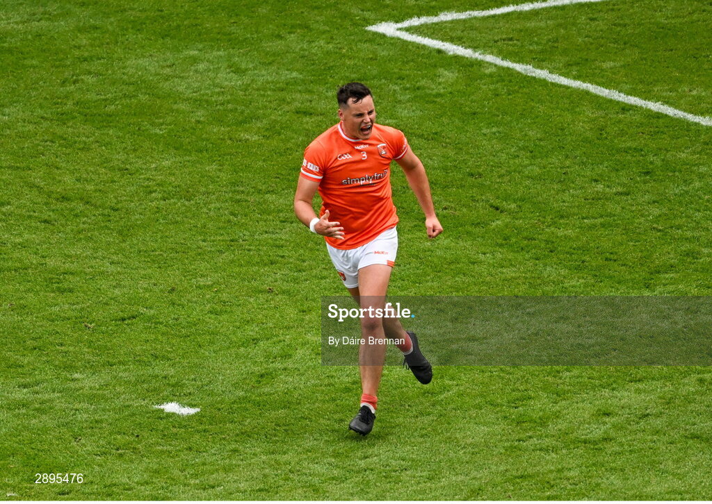 28 July 2024; Aaron McKay of Armagh celebrates after scoring his side's first goal during the GAA Football All-Ireland Senior Championship Final match between Armagh and Galway at Croke Park in Dublin. Photo by Daire Brennan/Sportsfile