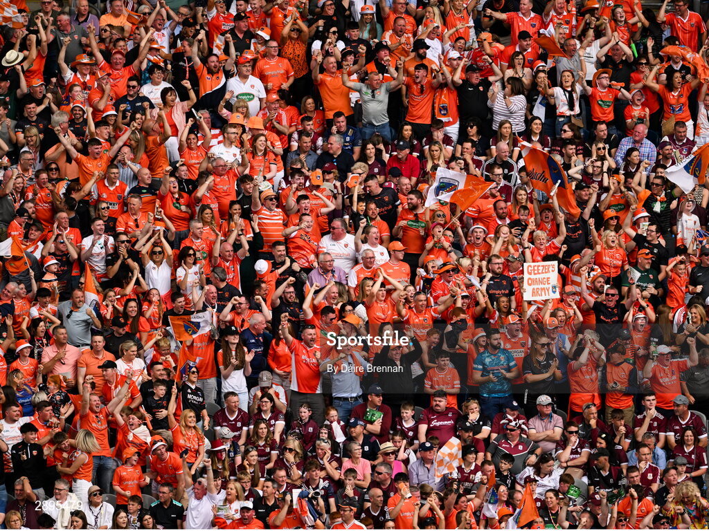 28 July 2024; Armagh supporters in the Cusack Stand celebrate their side's first goal during the GAA Football All-Ireland Senior Championship Final match between Armagh and Galway at Croke Park in Dublin. Photo by Daire Brennan/Sportsfile