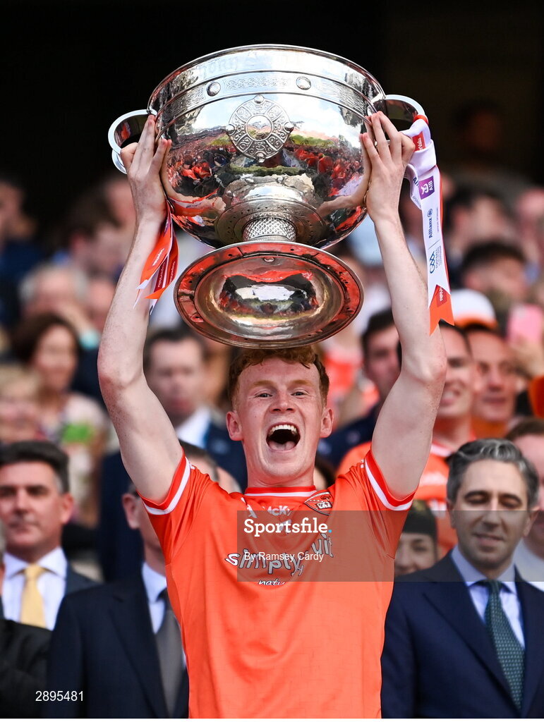 28 July 2024; Conor Turbitt of Armagh lifts the Sam Maguire cup after winning the GAA Football All-Ireland Senior Championship Final match between Armagh and Galway at Croke Park in Dublin. Photo by Ramsey Cardy/Sportsfile