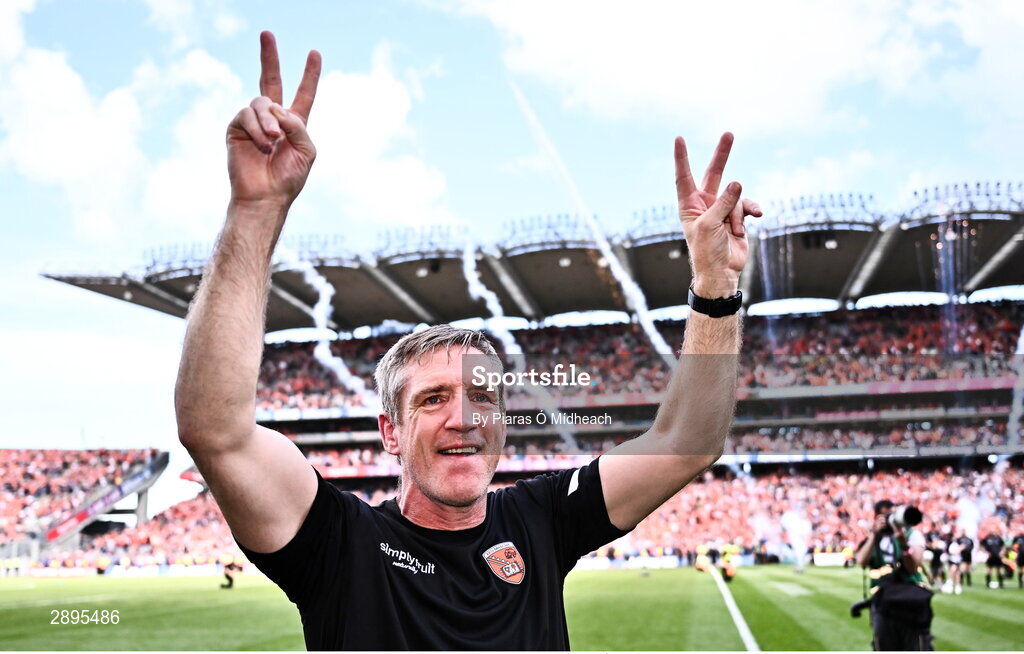 28 July 2024; Armagh manager Kieran McGeeney celebrates after his side's victory in the GAA Football All-Ireland Senior Championship Final match between Armagh and Galway at Croke Park in Dublin. Photo by Piaras Ó Mídheach/Sportsfile