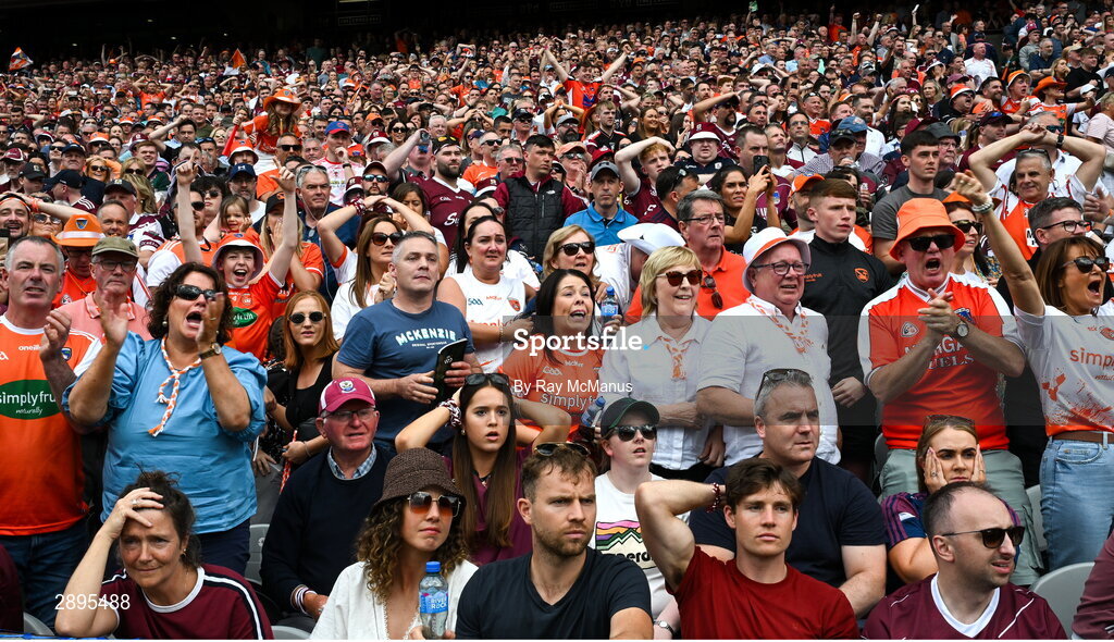 28 July 2024; Supporters, in the Cusack Stand, watch the last minute of the GAA Football All-Ireland Senior Championship Final match between Armagh and Galway at Croke Park in Dublin. Photo by Ray McManus/Sportsfile