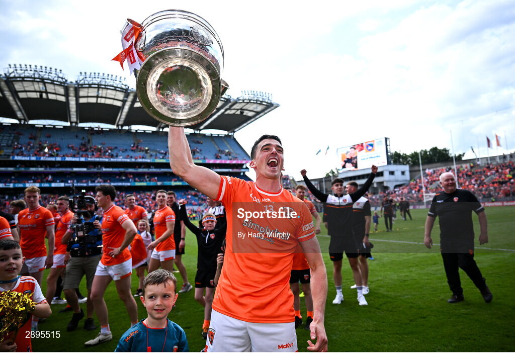 28 July 2024; Rory Grugan of Armagh with the Sam Maguire Cup the GAA Football All-Ireland Senior Championship Final match between Armagh and Galway at Croke Park in Dublin. Photo by Harry Murphy/Sportsfile