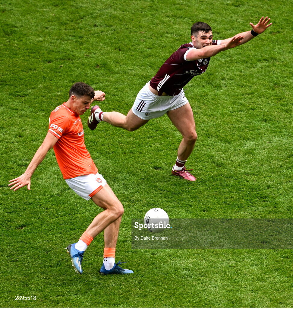 28 July 2024; Niall Grimley of Armagh kicks a point despite the efforts of Séan Mulkerrin of Galway during the GAA Football All-Ireland Senior Championship Final match between Armagh and Galway at Croke Park in Dublin. Photo by Daire Brennan/Sportsfile