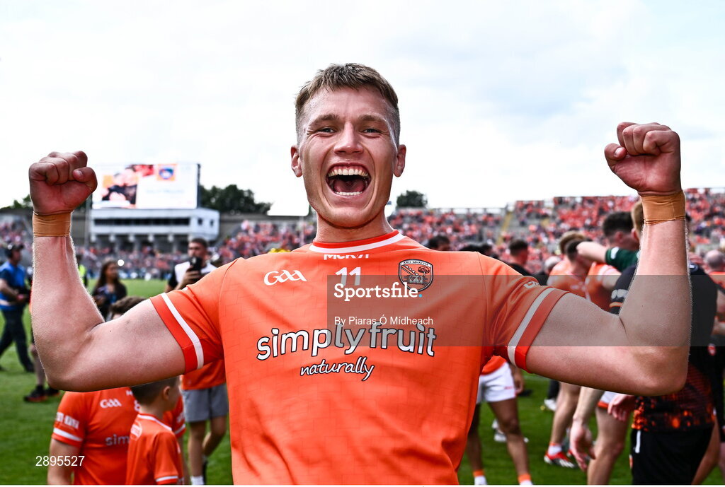 28 July 2024; Rian O'Neill of Armagh celebrates after his side's victory in the GAA Football All-Ireland Senior Championship Final match between Armagh and Galway at Croke Park in Dublin. Photo by Piaras Ó Mídheach/Sportsfile