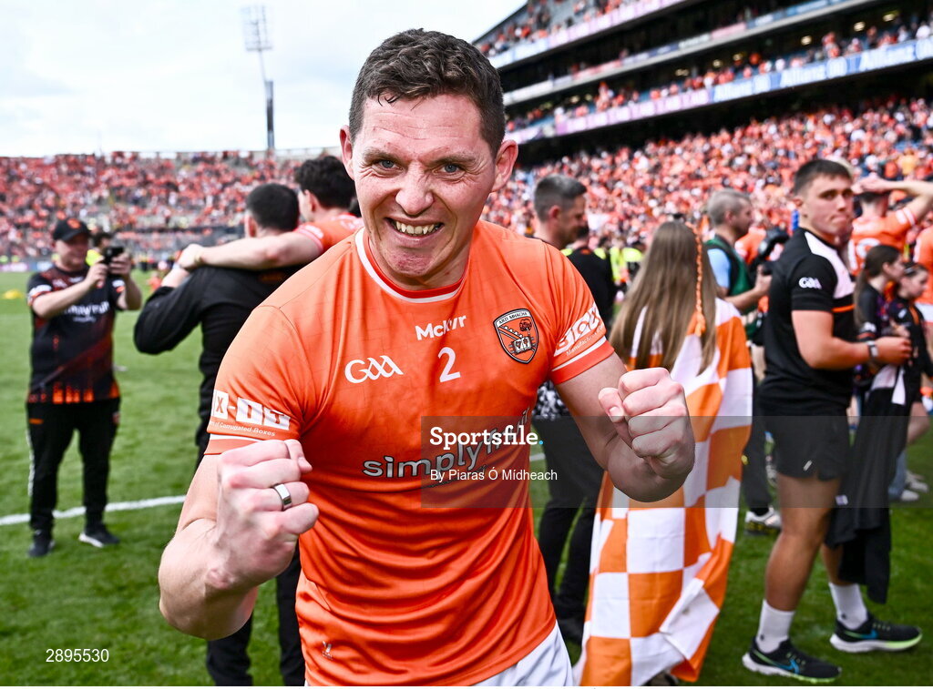 28 July 2024; Paddy Burns of Armagh celebrates after his side's victory in the GAA Football All-Ireland Senior Championship Final match between Armagh and Galway at Croke Park in Dublin. Photo by Piaras Ó Mídheach/Sportsfile