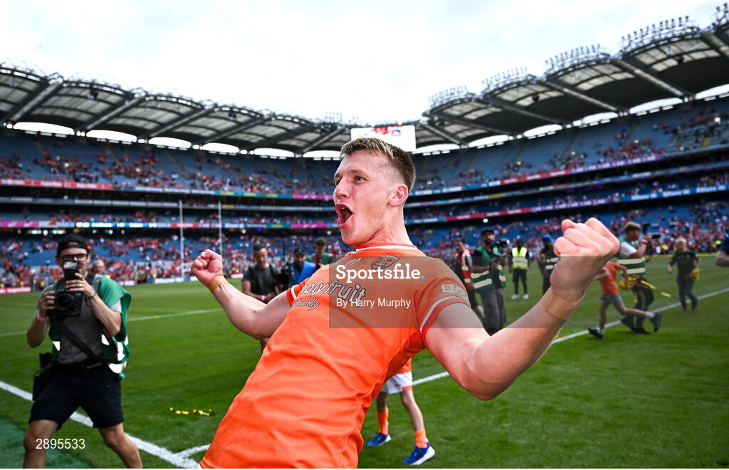 28 July 2024; Rian O'Neill of Armagh after his side's victory in the GAA Football All-Ireland Senior Championship Final match between Armagh and Galway at Croke Park in Dublin. Photo by Harry Murphy/Sportsfile