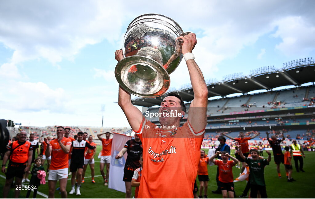 28 July 2024; Stefan Campbell of Armagh with the Sam Maguire Cup after his side's victory in the GAA Football All-Ireland Senior Championship Final match between Armagh and Galway at Croke Park in Dublin. Photo by Harry Murphy/Sportsfile