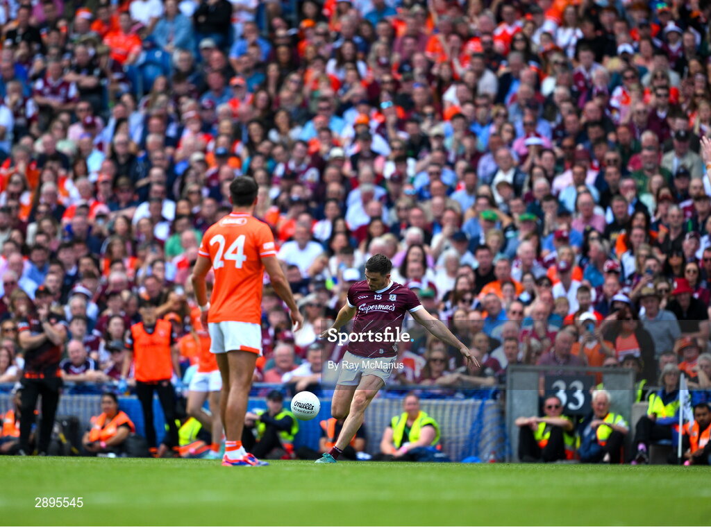 28 July 2024; Shane Walsh of Galway kicks a late free during the GAA Football All-Ireland Senior Championship Final match between Armagh and Galway at Croke Park in Dublin. Photo by Ray McManus/Sportsfile