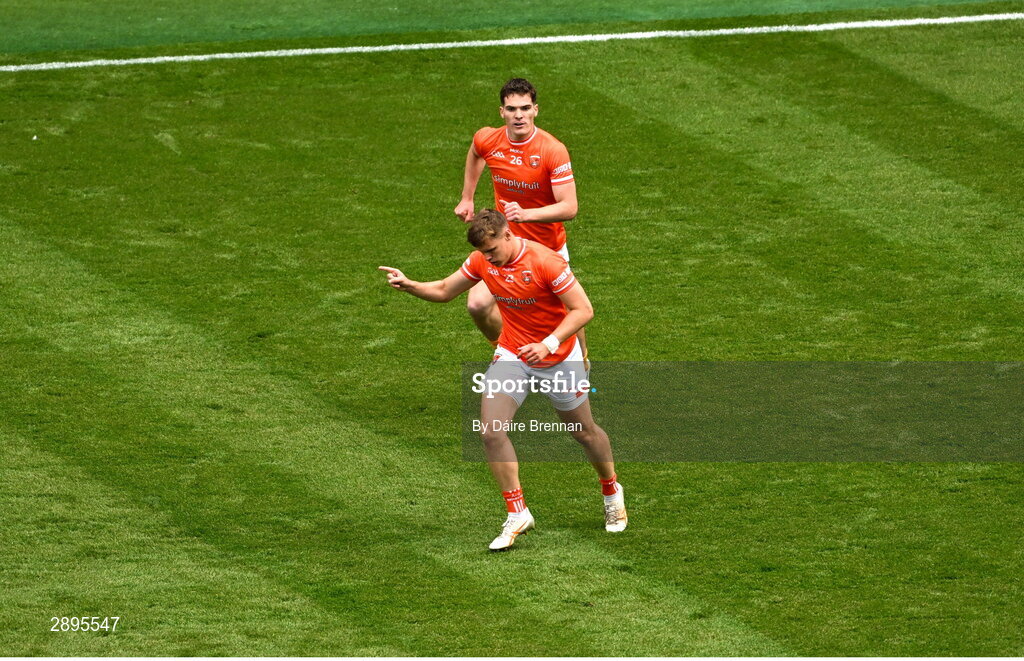 28 July 2024; Oisin O'Neill of Armagh celebrates after scoring a point during the GAA Football All-Ireland Senior Championship Final match between Armagh and Galway at Croke Park in Dublin. Photo by Daire Brennan/Sportsfile