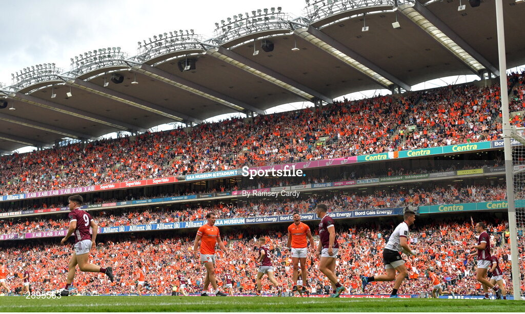 28 July 2024; Aaron McKay of Armagh celebrates after scoring his side's first goal during the GAA Football All-Ireland Senior Championship Final match between Armagh and Galway at Croke Park in Dublin. Photo by Ramsey Cardy/Sportsfile