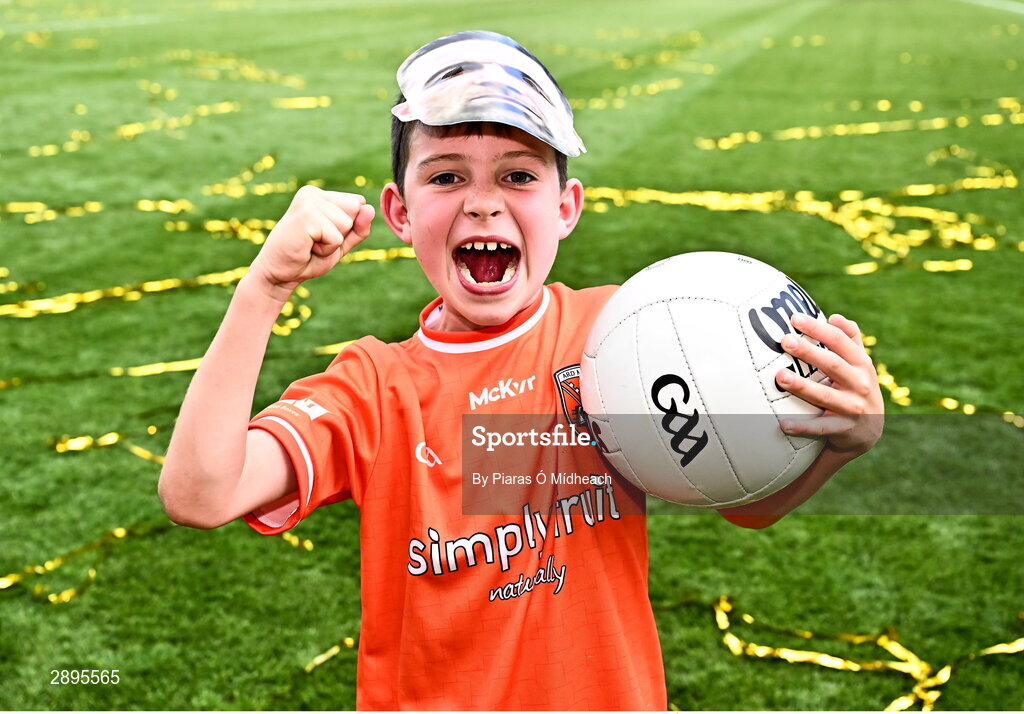 28 July 2024; Leo Forker, wearing a mask of his dad, Armagh captain Aidan Forker, celebrates after the GAA Football All-Ireland Senior Championship Final match between Armagh and Galway at Croke Park in Dublin. Photo by Piaras Ó Mídheach/Sportsfile