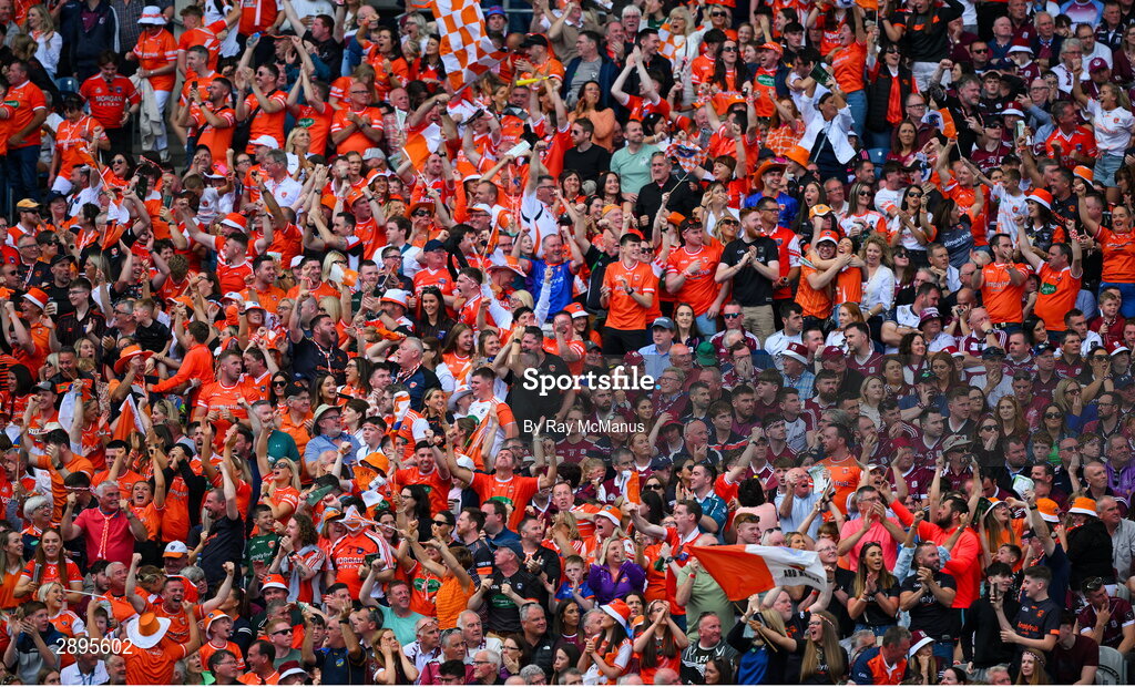 28 July 2024; Armagh supporters, in the Hogan Stand, celebrate their side's 46th minute goal during the GAA Football All-Ireland Senior Championship Final match between Armagh and Galway at Croke Park in Dublin. Photo by Ray McManus/Sportsfile