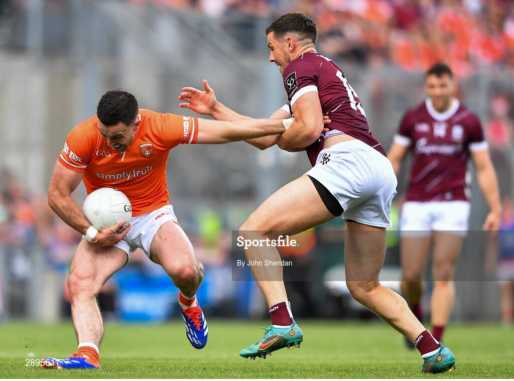28 July 2024; Aidan Forker of Armagh in action against Shane Walsh of Galway during the GAA Football All-Ireland Senior Championship Final match between Armagh and Galway at Croke Park in Dublin. Photo by John Sheridan/Sportsfile