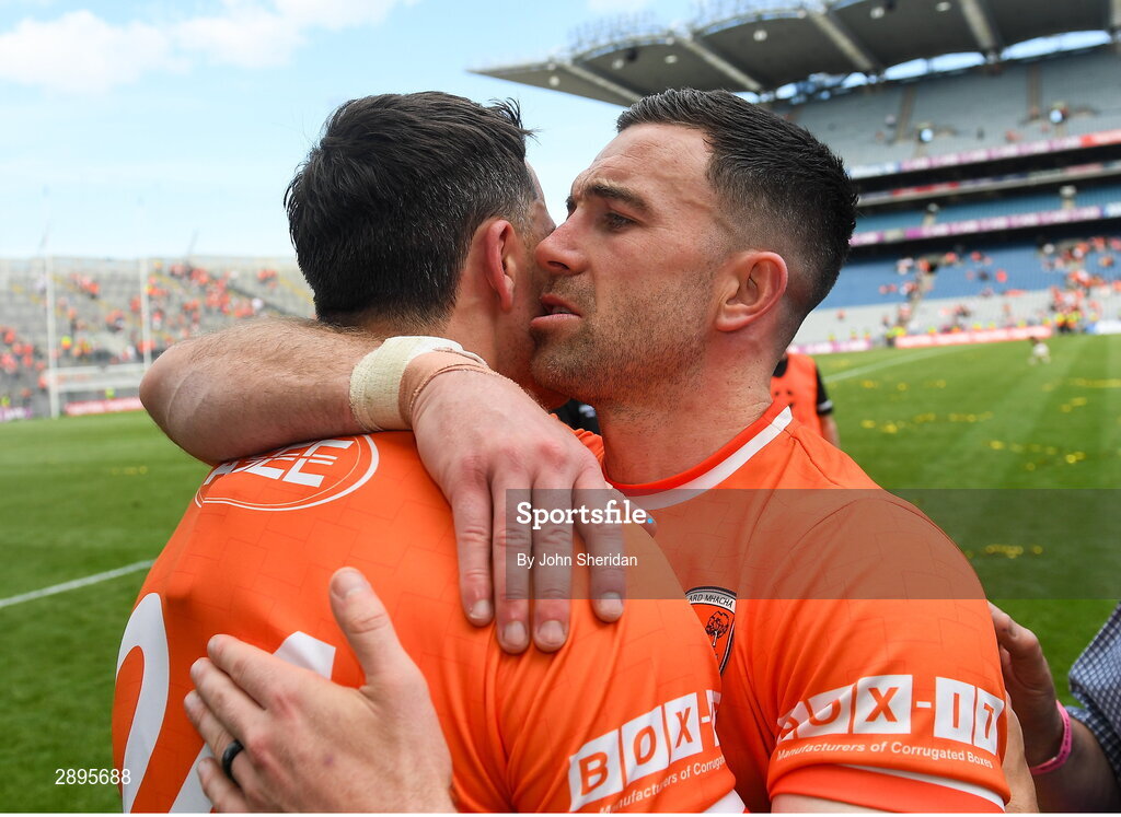 28 July 2024; Armagh players, from left, Stefan Campbell and Aidan Forker after the GAA Football All-Ireland Senior Championship Final match between Armagh and Galway at Croke Park in Dublin. Photo by John Sheridan/Sportsfile
