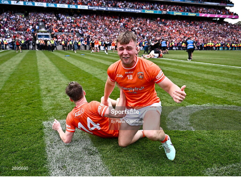 28 July 2024; Armagh players Peter McGrane, right, and Andrew Murnin celebrate after their side's victory in the GAA Football All-Ireland Senior Championship Final match between Armagh and Galway at Croke Park in Dublin. Photo by Piaras Ó Mídheach/Sportsfile