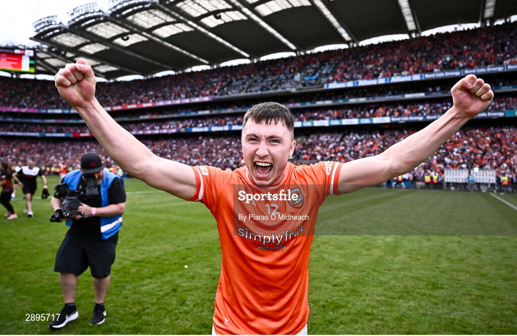 28 July 2024; Oisin Conaty of Armagh celebrates after his side's victory in the GAA Football All-Ireland Senior Championship Final match between Armagh and Galway at Croke Park in Dublin. Photo by Piaras Ó Mídheach/Sportsfile