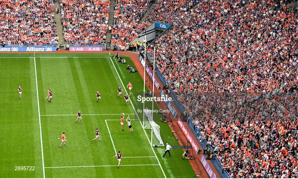 28 July 2024; Aaron McKay of Armagh scores his side's first goal past Galway goalkeeper Connor Gleeson during the GAA Football All-Ireland Senior Championship Final match between Armagh and Galway at Croke Park in Dublin. Photo by Ramsey Cardy/Sportsfile