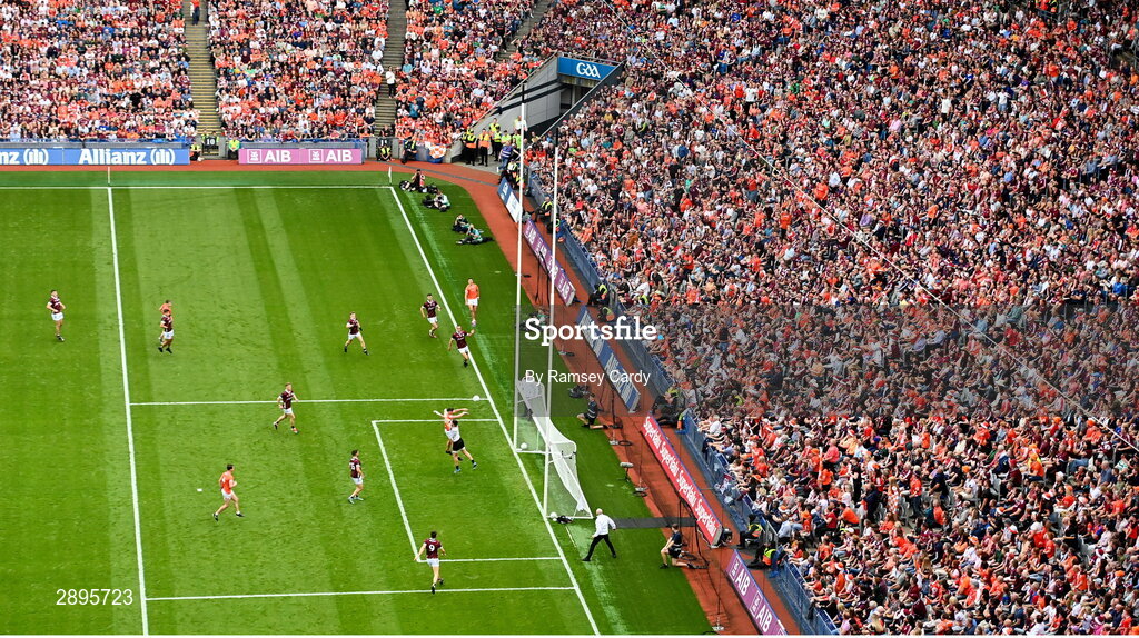 28 July 2024; Aaron McKay of Armagh scores his side's first goal past Galway goalkeeper Connor Gleeson during the GAA Football All-Ireland Senior Championship Final match between Armagh and Galway at Croke Park in Dublin. Photo by Ramsey Cardy/Sportsfile
