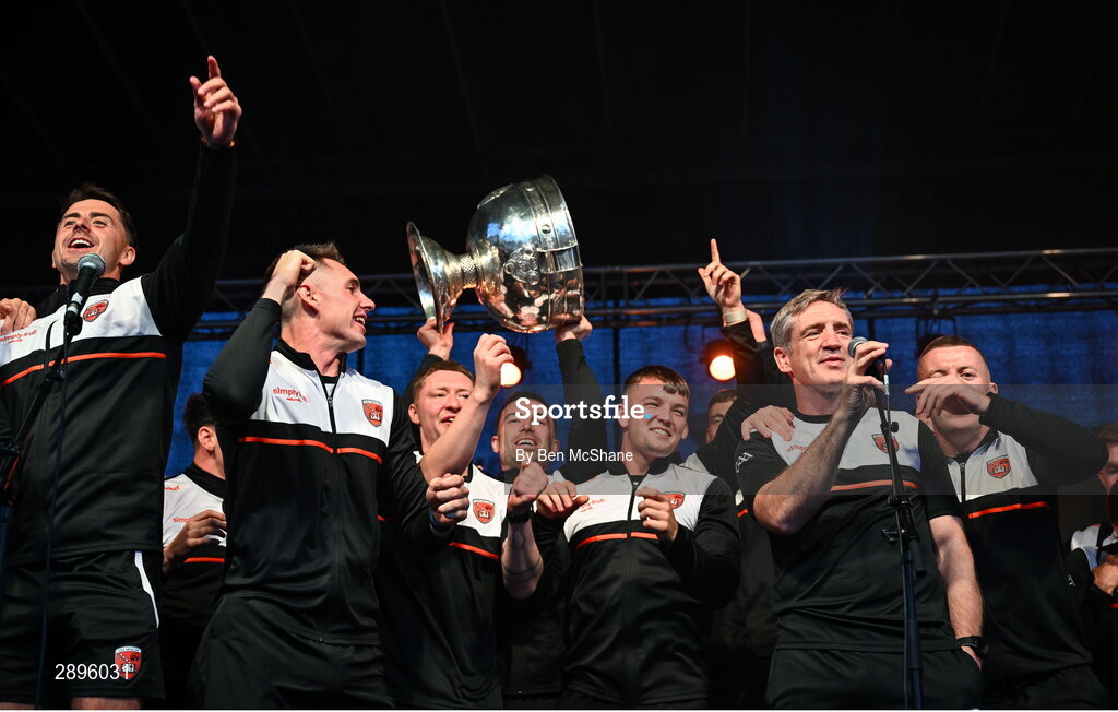 28 July 2024; Armagh manager Kieran McGeeney looks on as his players celebrate with the Sam Maguire cup at the Armagh team homecoming to their team hotel at the Carrickdale Hotel in Dundalk, Louth, after their victory over Galway in the GAA Football All-Ireland Senior Championship Final match at Croke Park in Dublin earlier. Photo by Ben McShane/Sportsfile