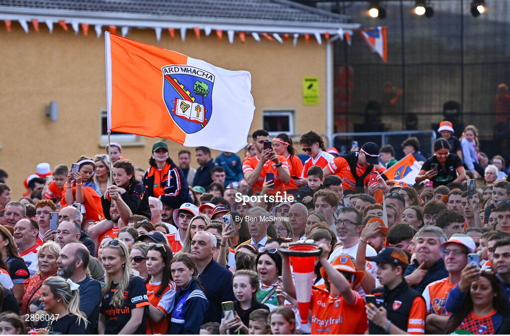 28 July 2024; Supporters at the Armagh team homecoming to their team hotel at the Carrickdale Hotel in Dundalk, Louth, after their victory over Galway in the GAA Football All-Ireland Senior Championship Final match at Croke Park in Dublin earlier. Photo by Ben McShane/Sportsfile