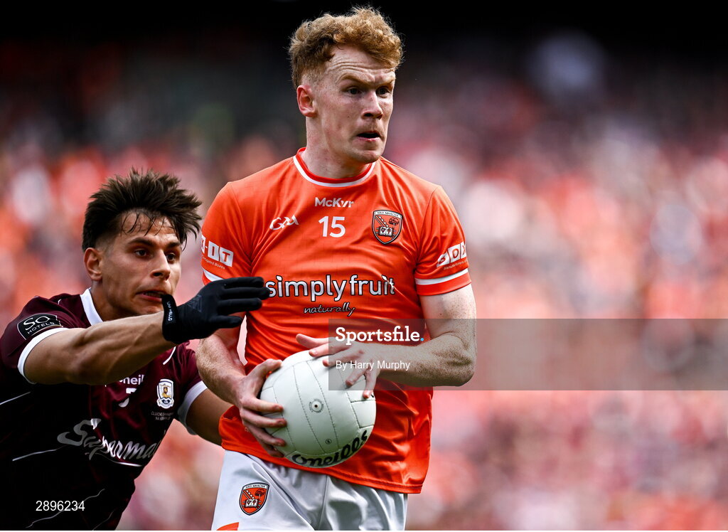28 July 2024; Conor Turbitt of Armagh in action against Seán Fitzgerald of Galway during the GAA Football All-Ireland Senior Championship Final match between Armagh and Galway at Croke Park in Dublin. Photo by Harry Murphy/Sportsfile