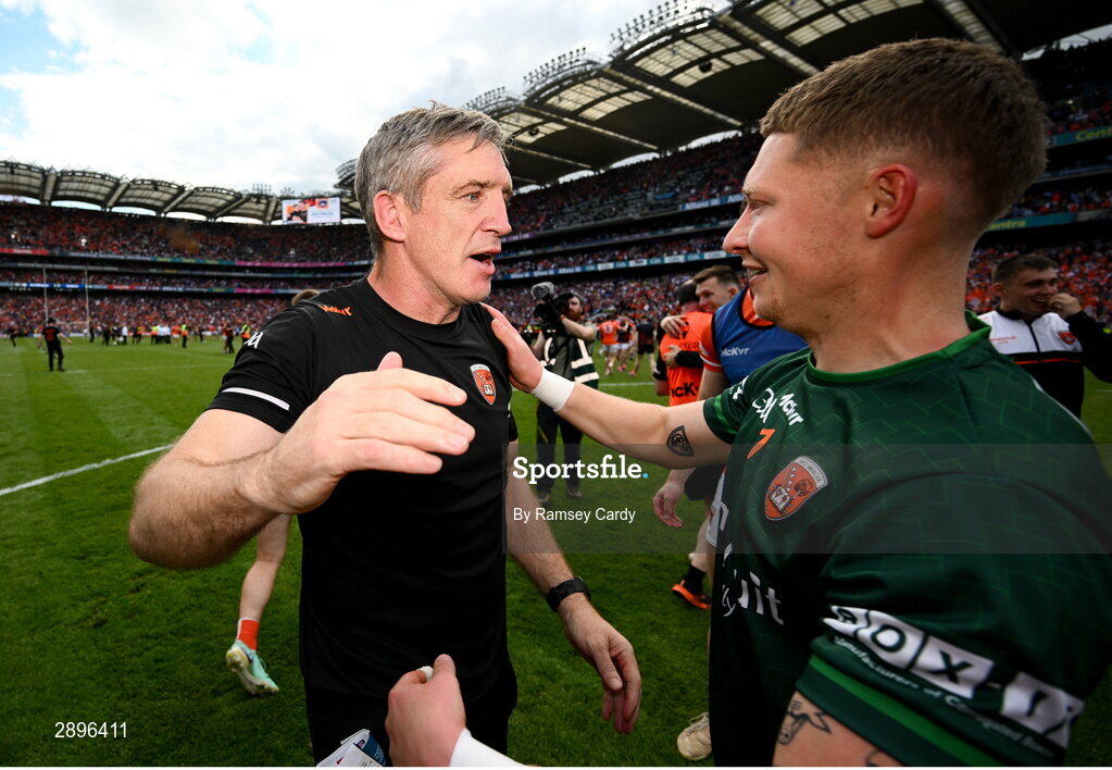 28 July 2024; Armagh manager Kieran McGeeney, left, and Armagh goalkeeper Blaine Hughes after the GAA Football All-Ireland Senior Championship Final match between Armagh and Galway at Croke Park in Dublin. Photo by Ramsey Cardy/Sportsfile