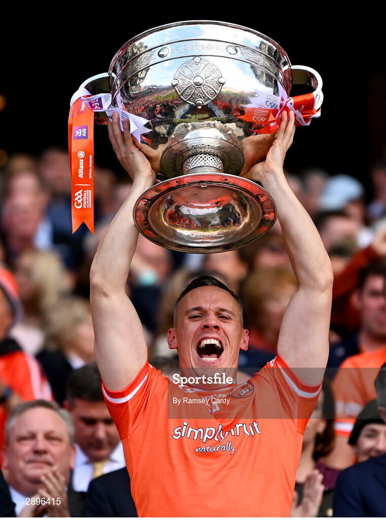 28 July 2024; Mark Shields of Armagh lifts the Sam Maguire Cup after the GAA Football All-Ireland Senior Championship Final match between Armagh and Galway at Croke Park in Dublin. Photo by Ramsey Cardy/Sportsfile