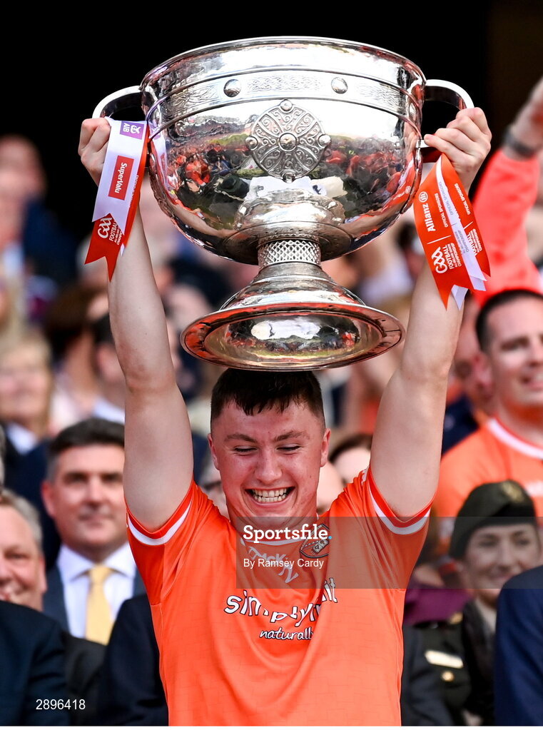 28 July 2024; Oisin Conaty of Armagh lifts the Sam Maguire Cup after the GAA Football All-Ireland Senior Championship Final match between Armagh and Galway at Croke Park in Dublin. Photo by Ramsey Cardy/Sportsfile