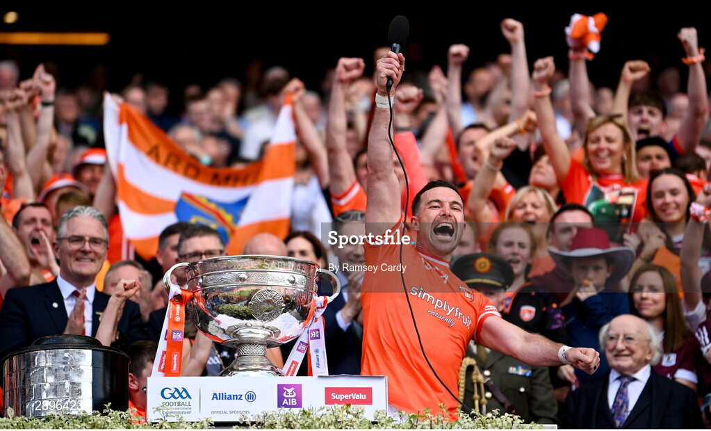 28 July 2024; Armagh captain Aidan Forker with the Sam Maguire Cup after winning the GAA Football All-Ireland Senior Championship Final match between Armagh and Galway at Croke Park in Dublin. Photo by Ramsey Cardy/Sportsfile