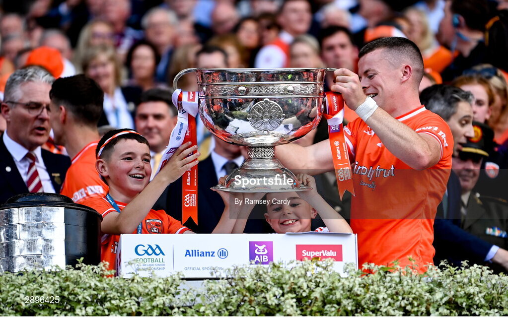 28 July 2024; Aidan Nugent of Armagh lifts the Sam Maguire Cup after the GAA Football All-Ireland Senior Championship Final match between Armagh and Galway at Croke Park in Dublin. Photo by Ramsey Cardy/Sportsfile