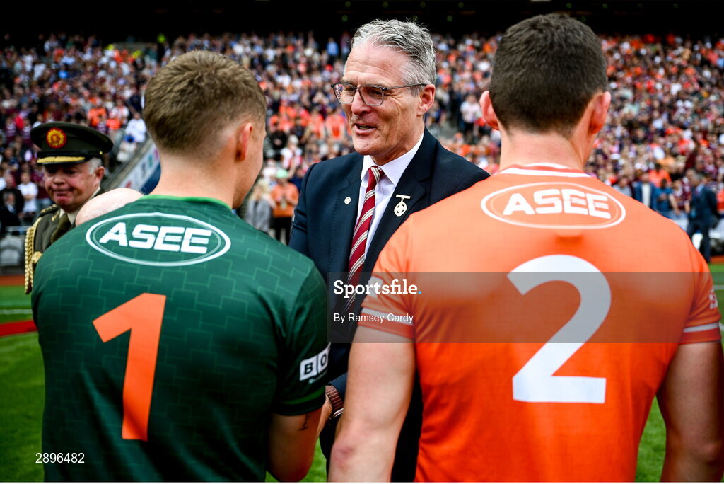 28 July 2024; Uachtarán Chumann Lúthchleas Gael Jarlath Burns greets Armagh goalkeeper Blaine Hughes before the GAA Football All-Ireland Senior Championship Final match between Armagh and Galway at Croke Park in Dublin. Photo by Ramsey Cardy/Sportsfile