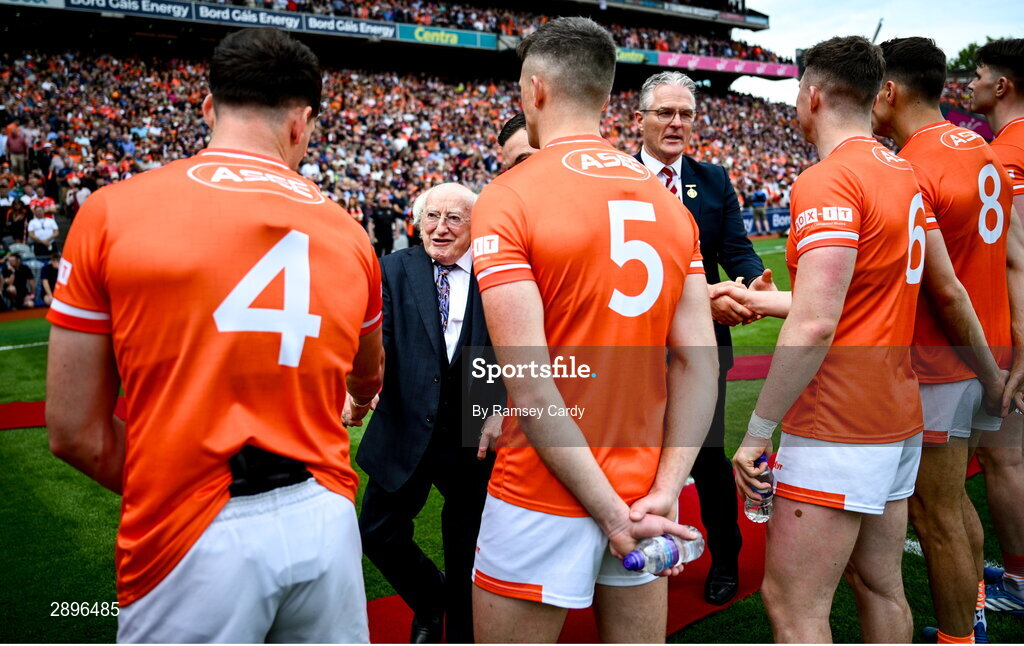 28 July 2024; President of Ireland Michael D Higgins greets Barry McCambridge of Armagh before the GAA Football All-Ireland Senior Championship Final match between Armagh and Galway at Croke Park in Dublin. Photo by Ramsey Cardy/Sportsfile