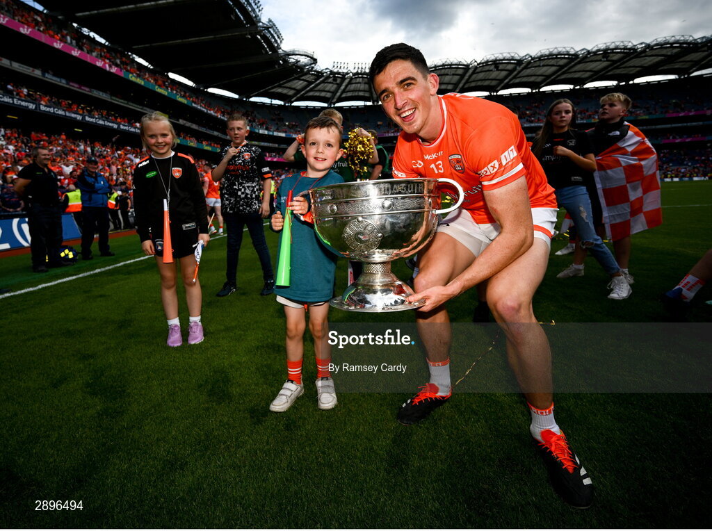 28 July 2024; Rory Grugan of Armagh and his nephew Leo with the Sam Maguire Cup after the GAA Football All-Ireland Senior Championship Final match between Armagh and Galway at Croke Park in Dublin. Photo by Ramsey Cardy/Sportsfile