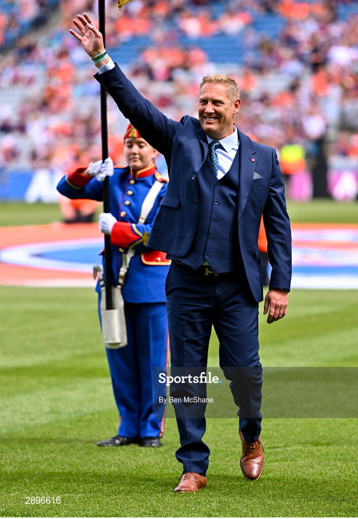 28 July 2024; Captain Graham Geraghty of the 1999 All-Ireland winning Meath football jubilee team who were honoured before the GAA Football All-Ireland Senior Championship Final match between Armagh and Galway at Croke Park in Dublin. Photo by Ben McShane/Sportsfile