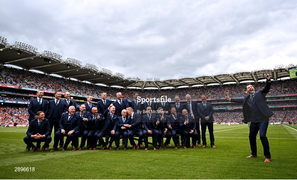 28 July 2024; Cormac Murphy takes a selfie with his smartphone alongside his teammates and manager in 1999 All-Ireland winning Meath football jubilee team who were honoured before the GAA Football All-Ireland Senior Championship Final match between Armagh and Galway at Croke Park in Dublin. Photo by Ben McShane/Sportsfile