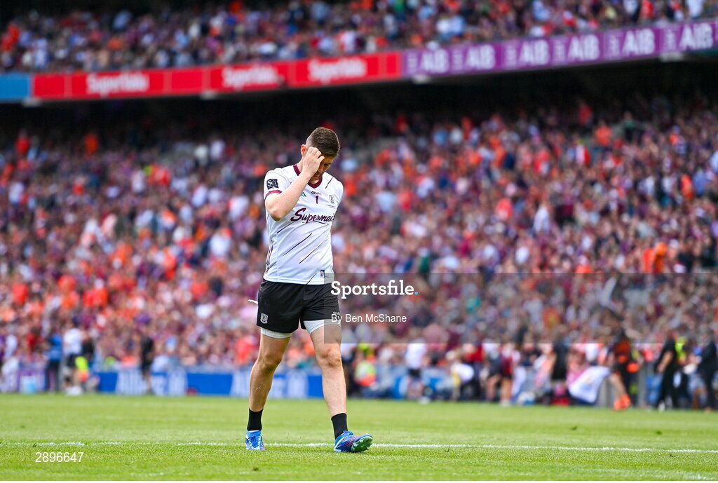28 July 2024; Galway goalkeeper Connor Gleeson reacts during the GAA Football All-Ireland Senior Championship Final match between Armagh and Galway at Croke Park in Dublin. Photo by Ben McShane/Sportsfile