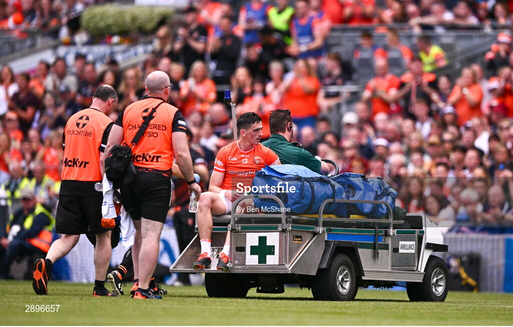 28 July 2024; Rory Grugan of Armagh is treated for an injury during the GAA Football All-Ireland Senior Championship Final match between Armagh and Galway at Croke Park in Dublin. Photo by Ben McShane/Sportsfile