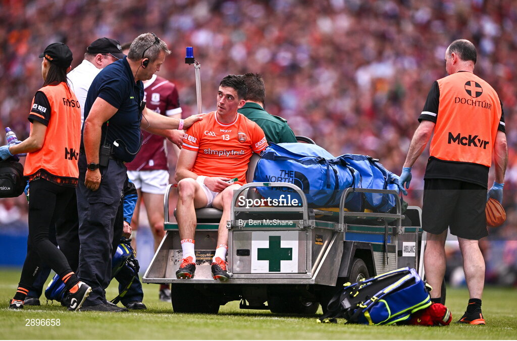 28 July 2024; Rory Grugan of Armagh is treated for an injury during the GAA Football All-Ireland Senior Championship Final match between Armagh and Galway at Croke Park in Dublin. Photo by Ben McShane/Sportsfile