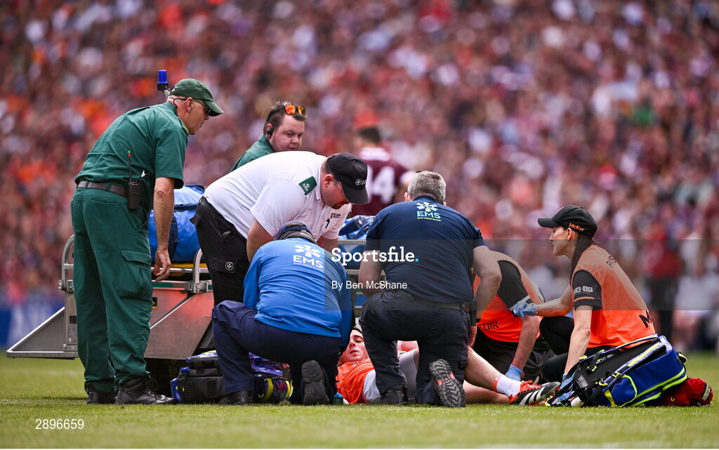 28 July 2024; Rory Grugan of Armagh is treated for an injury during the GAA Football All-Ireland Senior Championship Final match between Armagh and Galway at Croke Park in Dublin. Photo by Ben McShane/Sportsfile