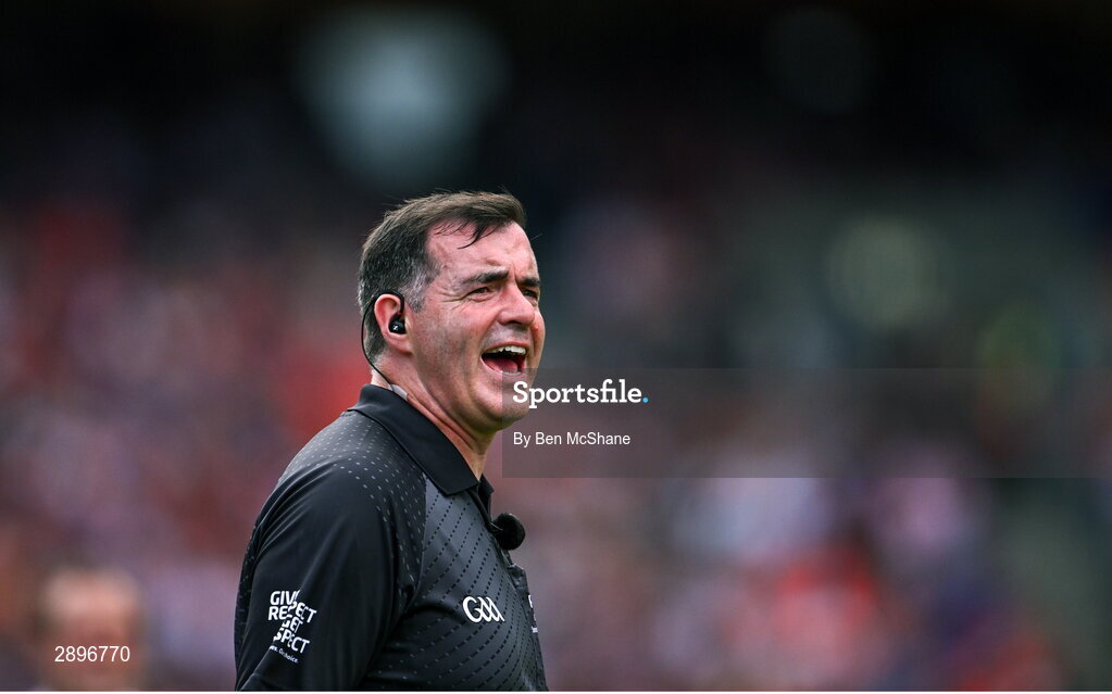 28 July 2024; Referee Sean Hurson during the GAA Football All-Ireland Senior Championship Final match between Armagh and Galway at Croke Park in Dublin. Photo by Ben McShane/Sportsfile