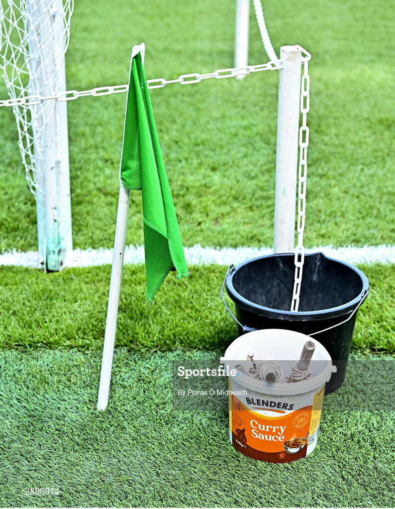 28 July 2024; The green flag at the Davin Stand goal, alongside pitch marking equipment, pitchside before the GAA Football All-Ireland Senior Championship Final match between Armagh and Galway at Croke Park in Dublin. Photo by Piaras Ó Mídheach/Sportsfile