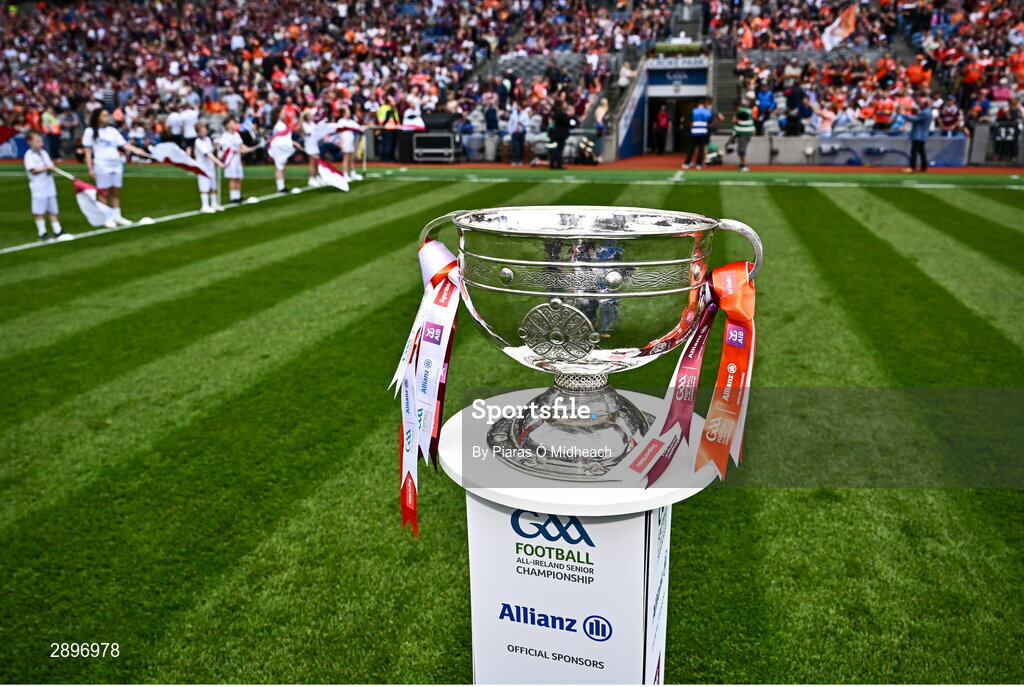 28 July 2024; The Sam Maguire Cup before the GAA Football All-Ireland Senior Championship Final match between Armagh and Galway at Croke Park in Dublin. Photo by Piaras Ó Mídheach/Sportsfile