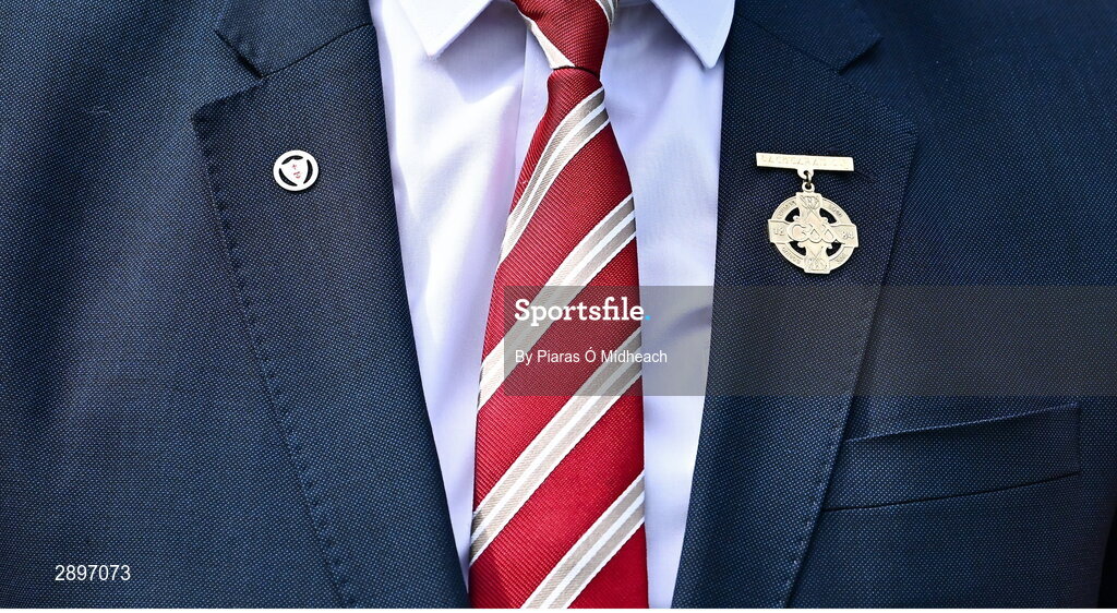 28 July 2024; Uachtarán Chumann Lúthchleas Gael Jarlath Burns wearing his Presidental Medal of Office, his pioneer pin and his father's tie, at the GAA Football All-Ireland Senior Championship Final match between Armagh and Galway at Croke Park in Dublin. Photo by Piaras Ó Mídheach/Sportsfile