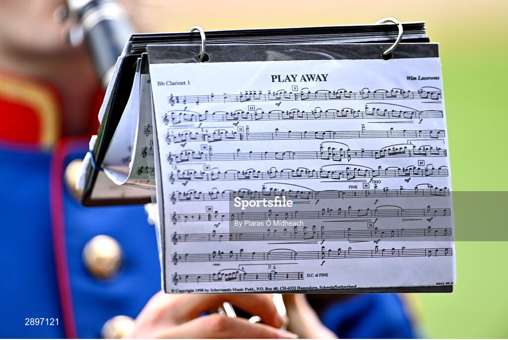 28 July 2024; The sheet music of a member of The Artane Band for 'Play Away' at the GAA Football All-Ireland Senior Championship Final match between Armagh and Galway at Croke Park in Dublin. Photo by Piaras Ó Mídheach/Sportsfile